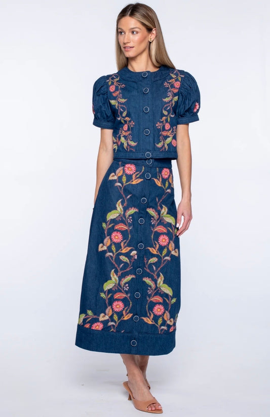Elizabeth James “Frankie” Skirt-Denim Floral Embroidery