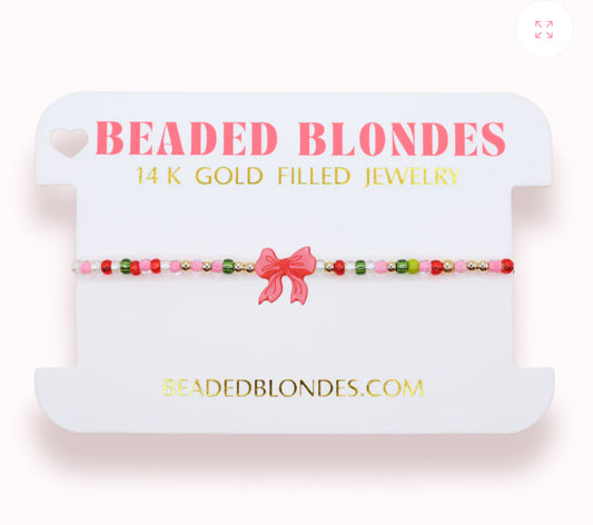 Beaded Blondes "Red Bow" Holiday Sprinkle Bracelet -Standard 6.75"