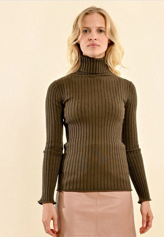 Molly Bracken Ribbed Turtleneck-Khaki Green