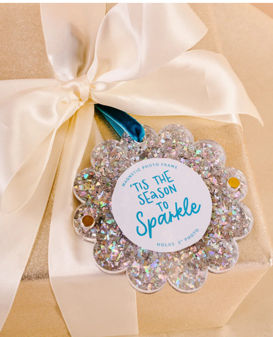 The Darling Effect Holiday Scalloped Frame Ornament-Silver Glitter