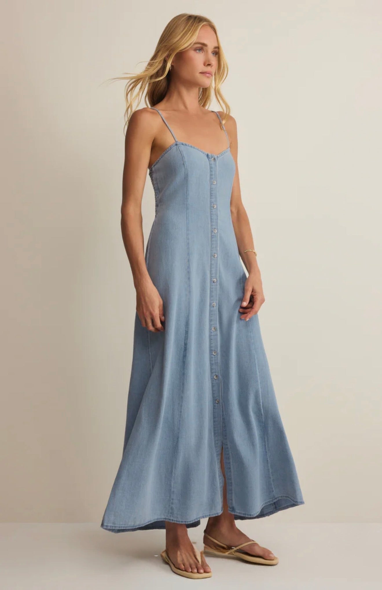 Z Supply Angel Eyes Chambray Twill Midi Dress-Lake Blue