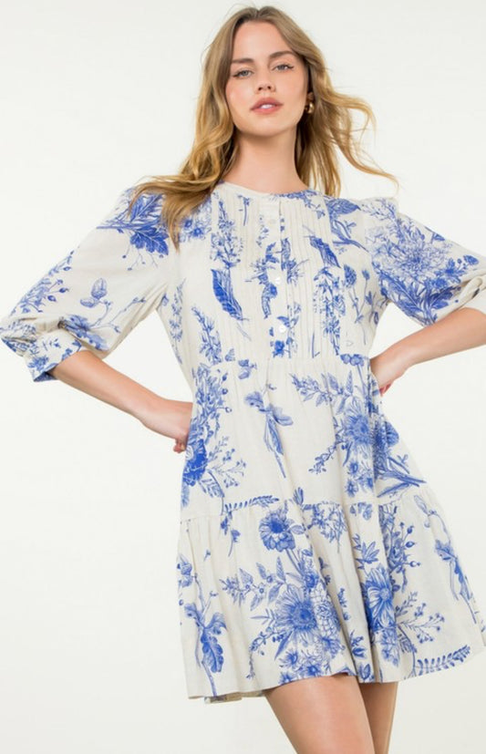 THML "Quinn" L/S Floral Midi Dress-Cream/Blue