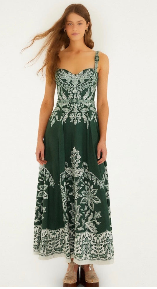 Farm Rio "Miranda" Buckles Maxi Dress-Dark Green