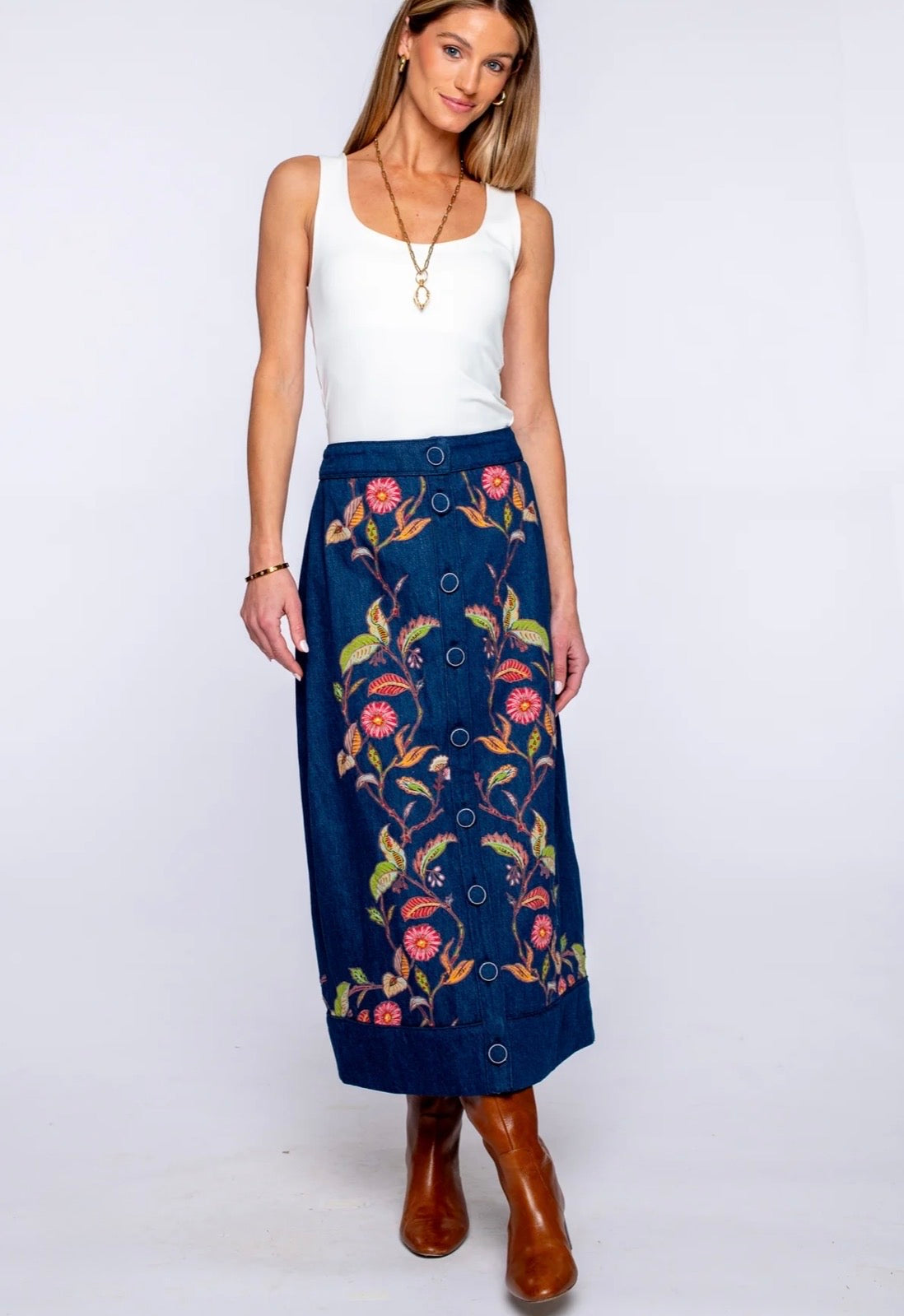 Elizabeth James “Frankie” Skirt-Denim Floral Embroidery