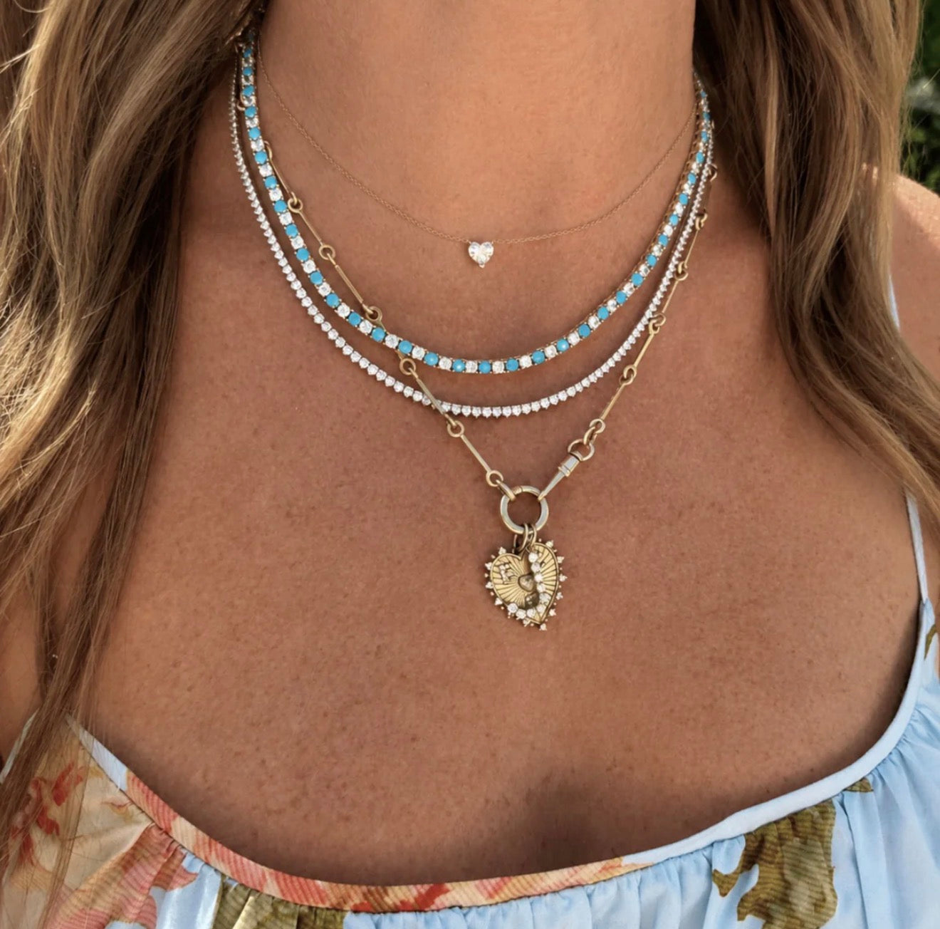 LeMel Dee Alternating Turquoise & CZ Tennis Necklace-16” Gold