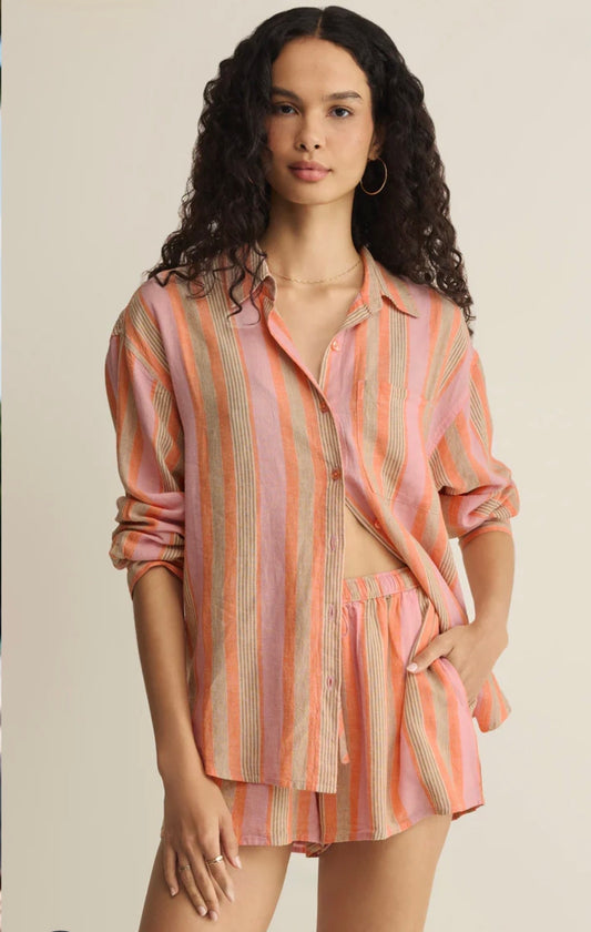 Z Supply The Perfect Striped Linen Button Up - Tiger Lily