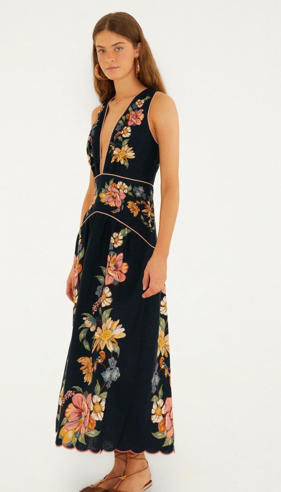 Farm Rio "Maira" Floral Floral Euroflax Premium Linen Midi Dress-Dark Blue