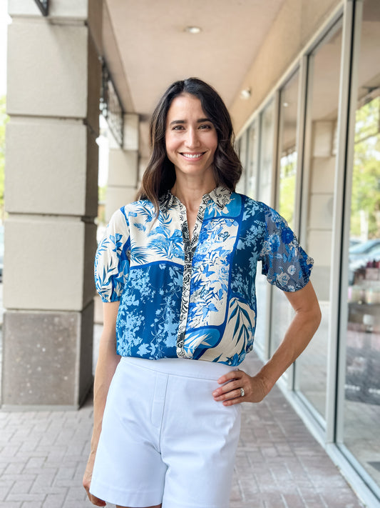 Johnny Was Steph Button Up Blouse- Blue Stitch Print