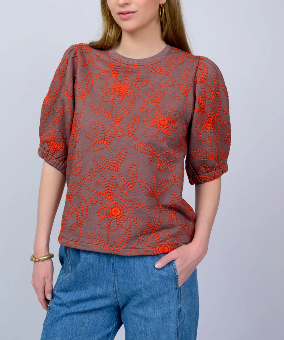 Ivy Jane "Floral Vines" Knit Top- Brown