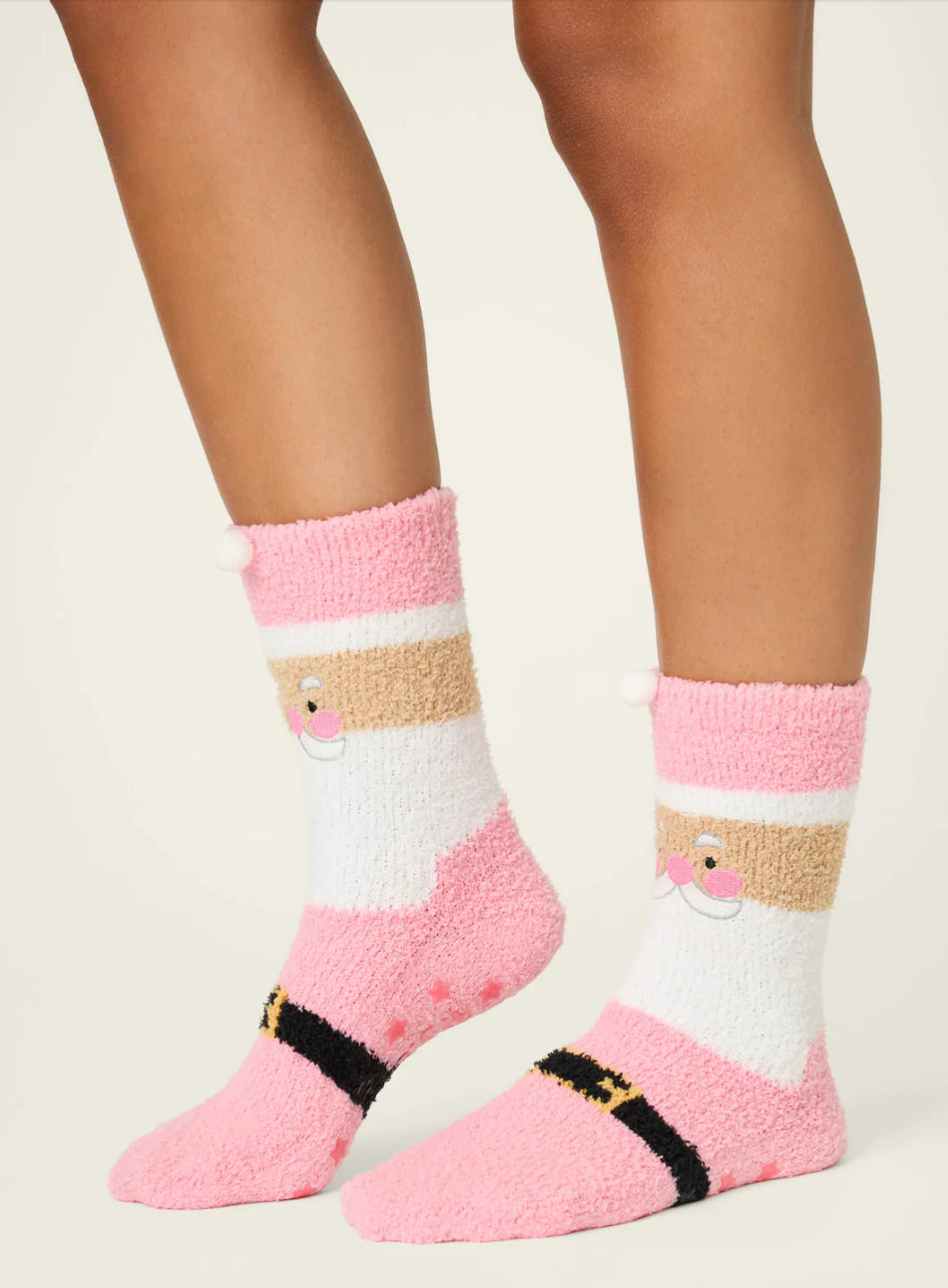 PJ Salvage Cozy Ski Jammie Classic Crew Socks-Pink Santa