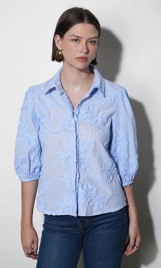 Greylin "Eleanor" Stripe Puff Sleeve Blouse-Light Blue