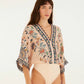 Farm Rio "Delhi" Tapestry Kimono Sleeve Bodysuit-Soft Pink Floral