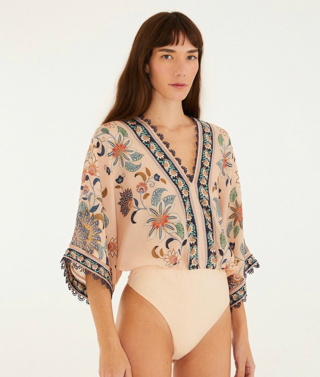 Farm Rio "Delhi" Tapestry Kimono Sleeve Bodysuit-Soft Pink Floral