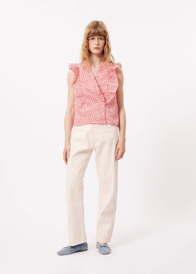 FRNCH "Taya" Ruffle Double Button Blouse-Creme/Red/Pink