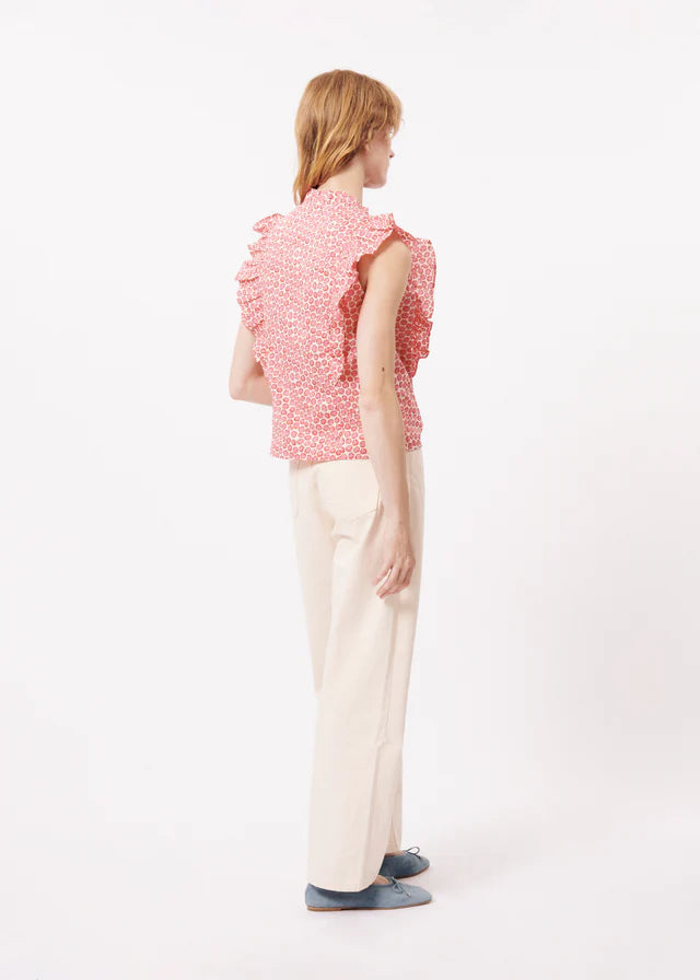 FRNCH "Taya" Ruffle Double Button Blouse-Creme/Red/Pink