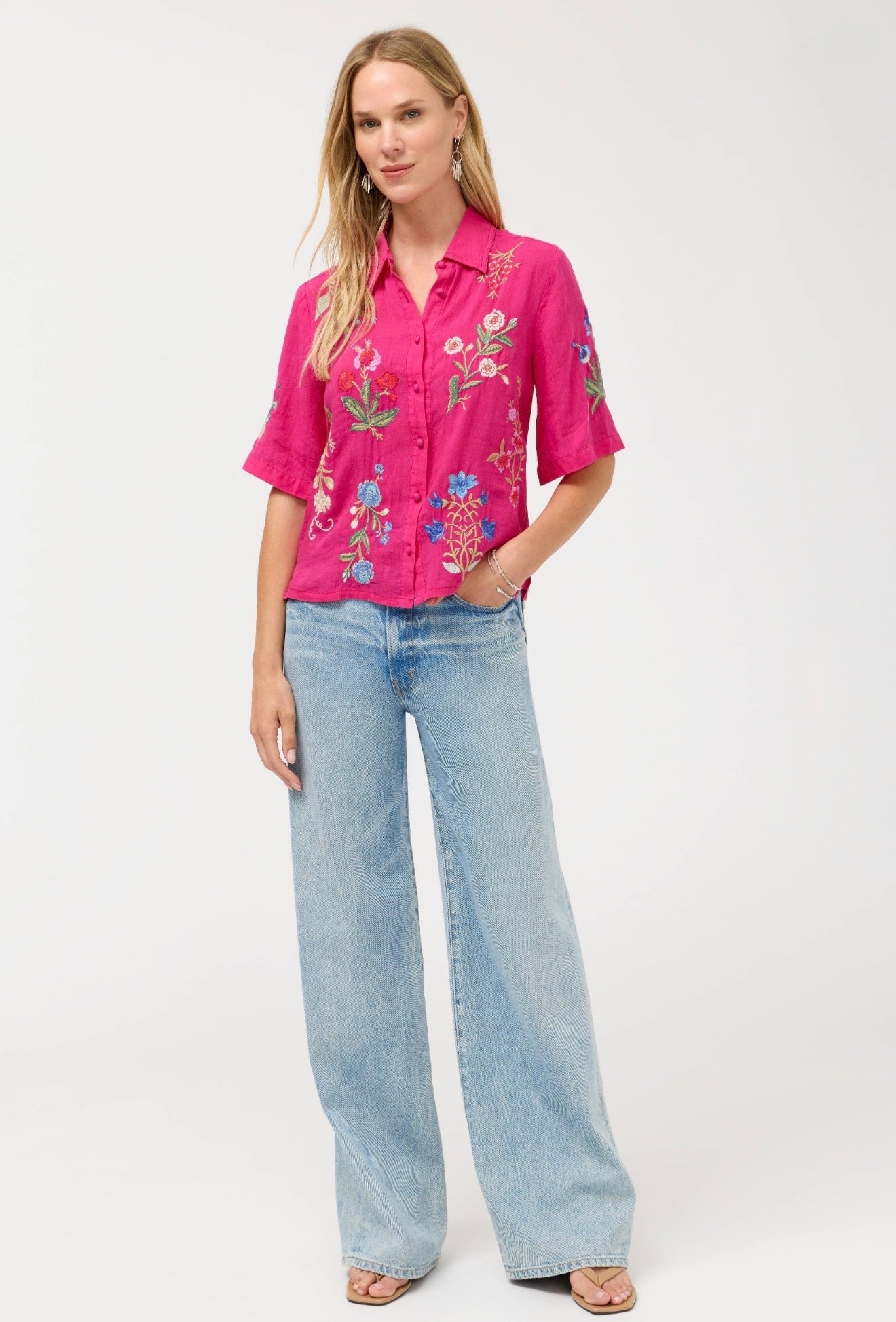 Johnny Was Relaxed Kimono Shirt-Pink Peacock