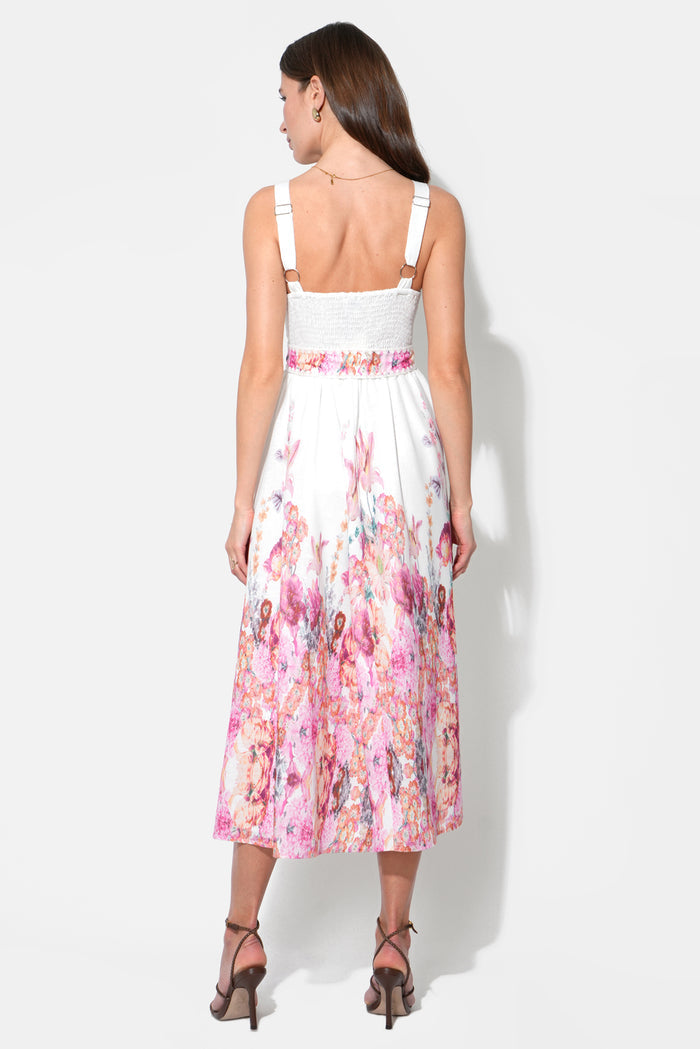 Adelyn Rae "Remi" V-Neck Floral Placement Midi Dress-White/Magenta