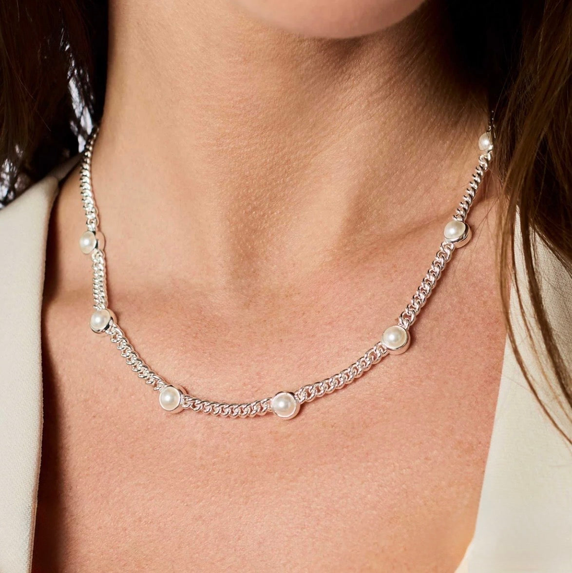 Julie Vos "Dolce” Delicate Station Necklace- Silver/Pearl