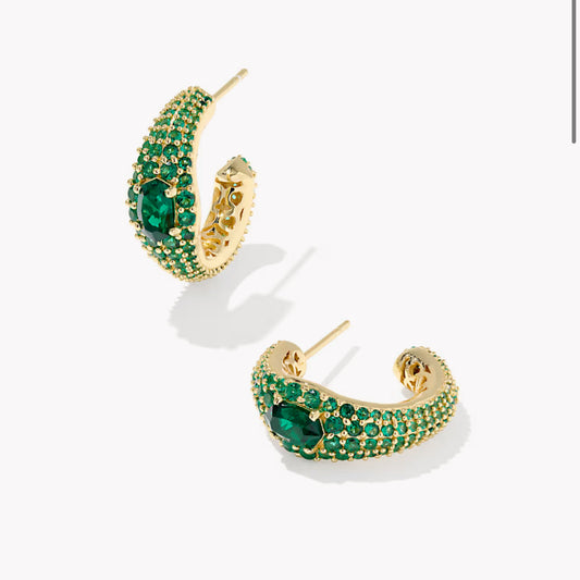 Kendra Scott Bella Hoop Earring-Gold Dark Green Crystal