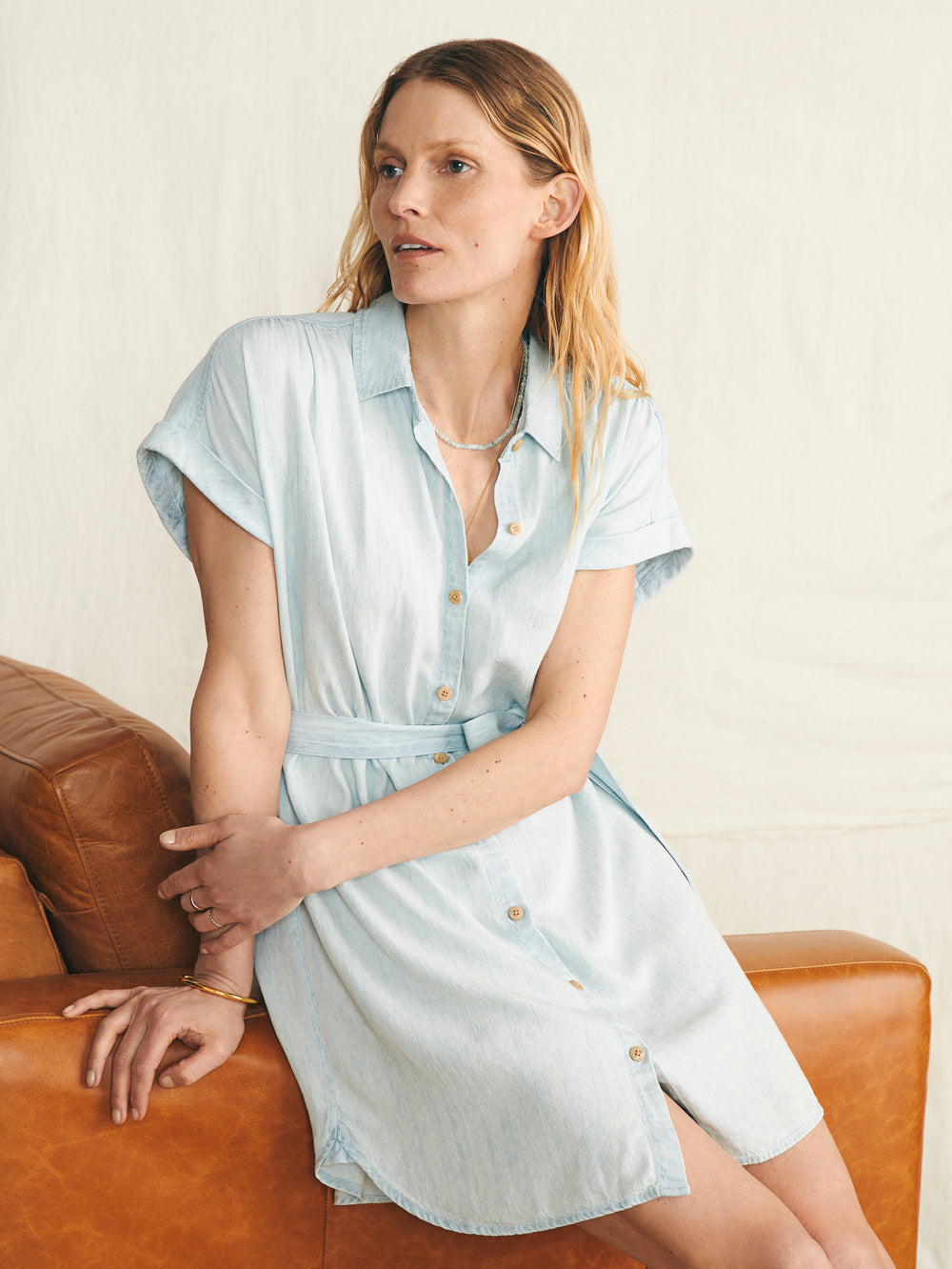 Faherty “Tried & True Breeze” Shirtdress-Icy Blue Wash