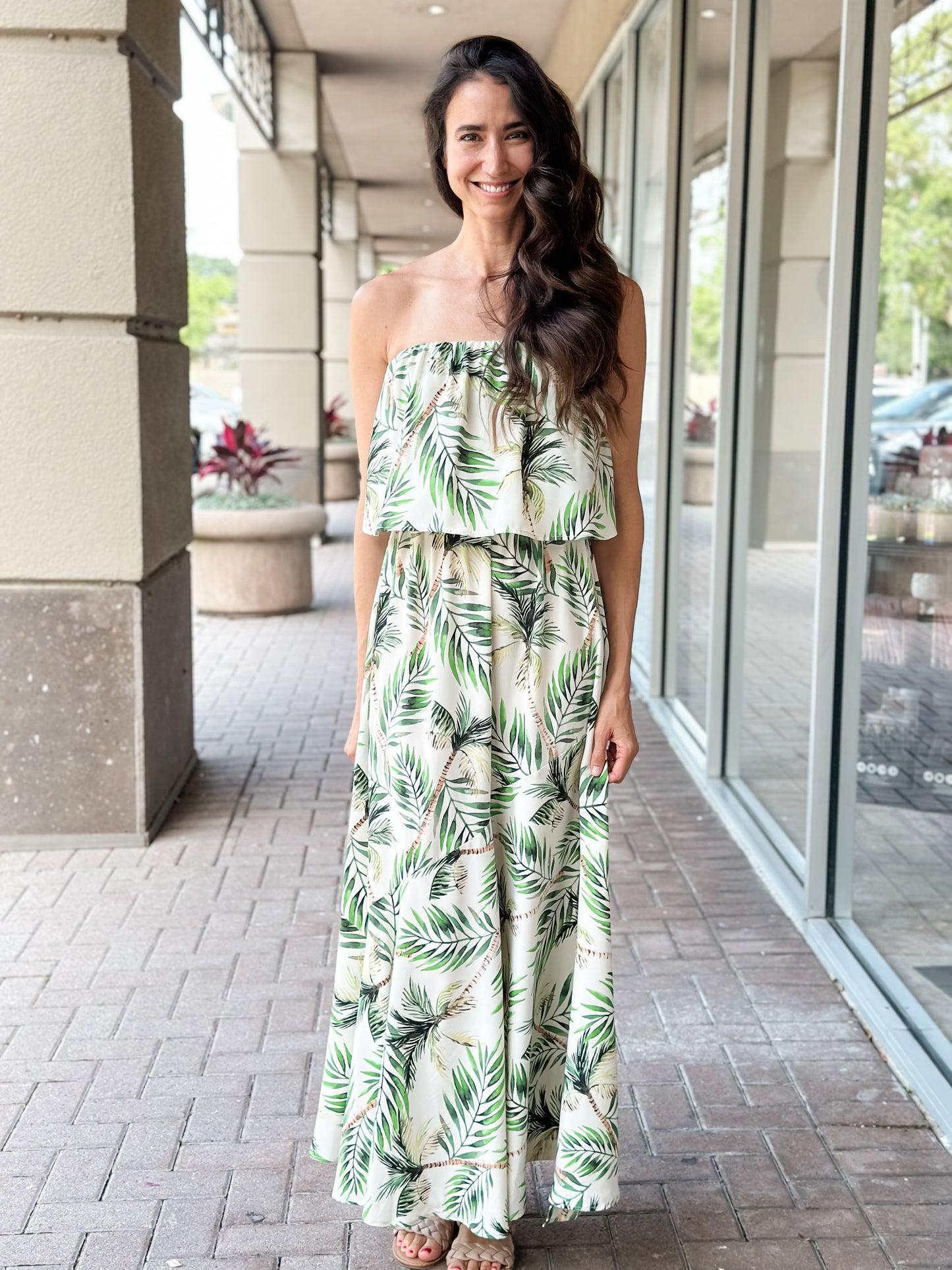 KLD "Manda" Leaf Print Strapless Maxi-Green Tropic