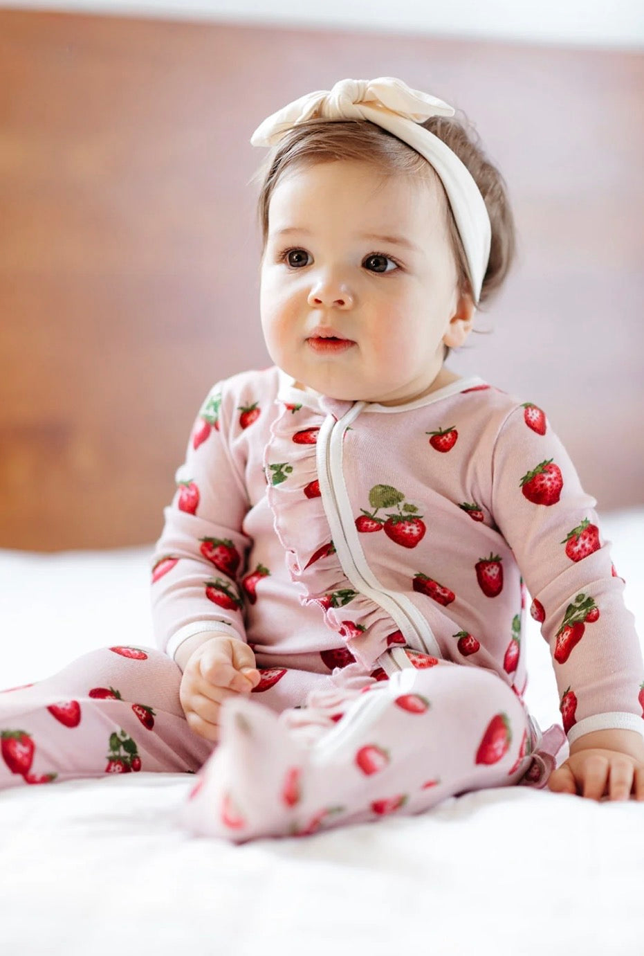 Milkbarn Kids "Strawberry" Organic Cotton Ruffle Zipper Footed Romper