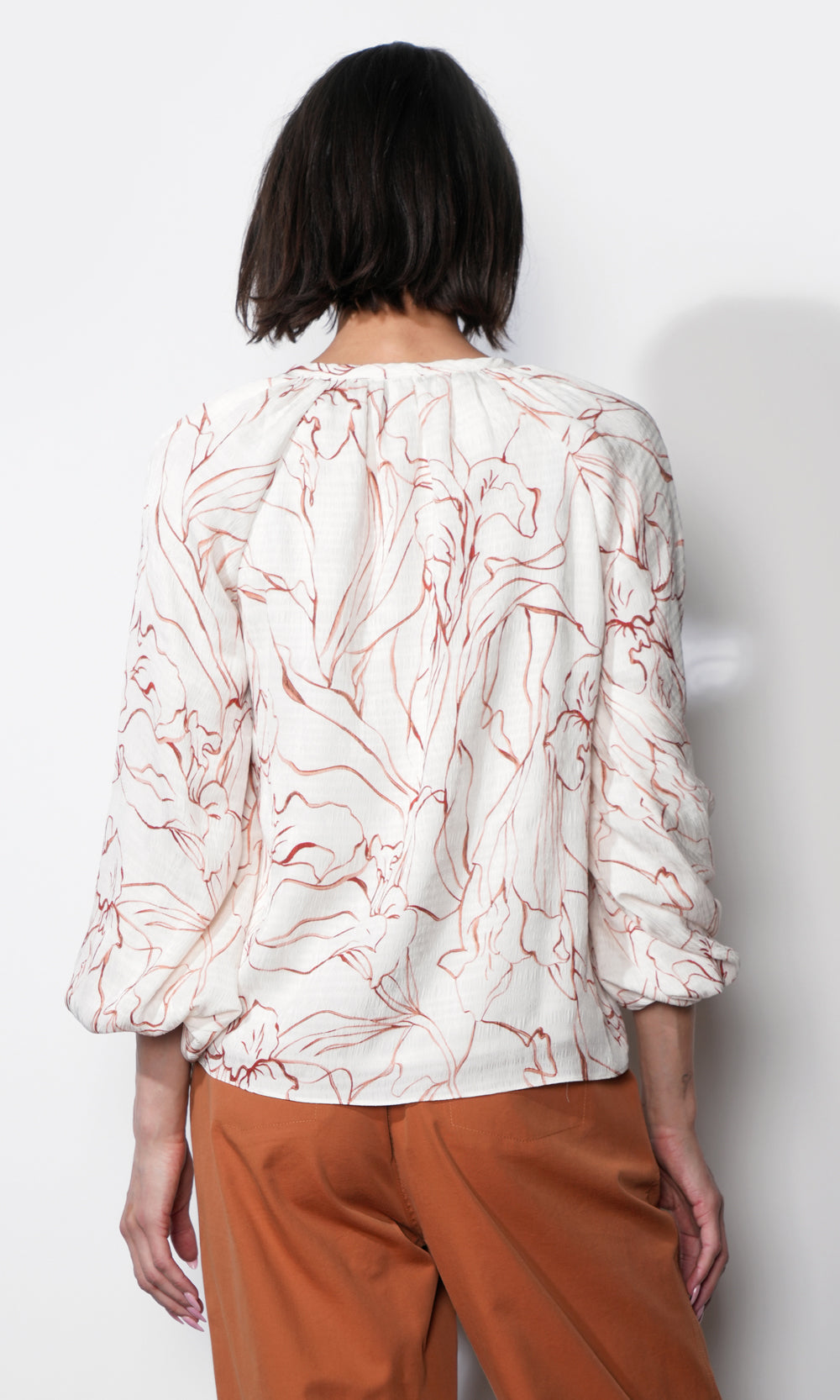 Greylin  "Penelope" Bubble Sleeve Tie Neck Blouse-Ivory/Clay