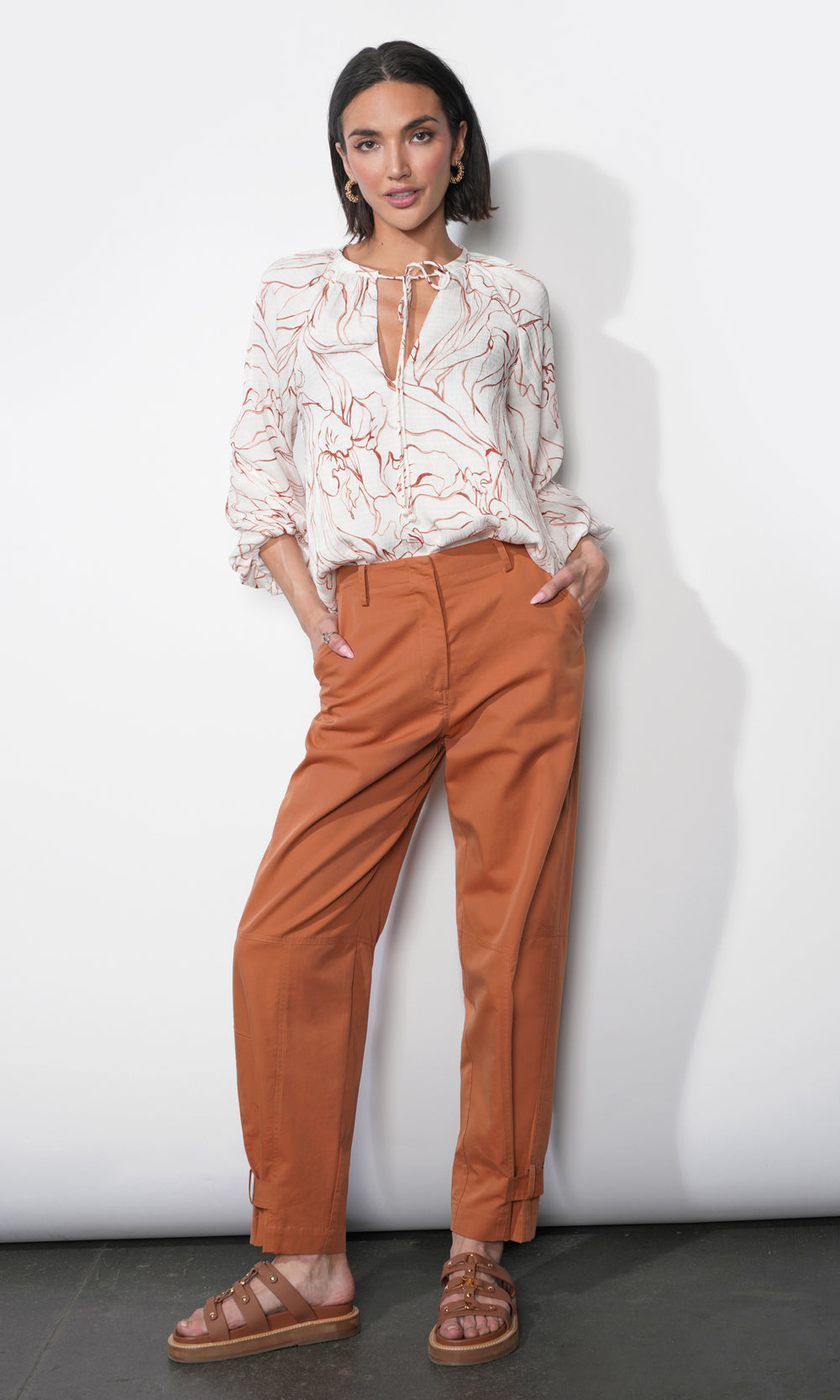 Greylin  "Penelope" Bubble Sleeve Tie Neck Blouse-Ivory/Clay