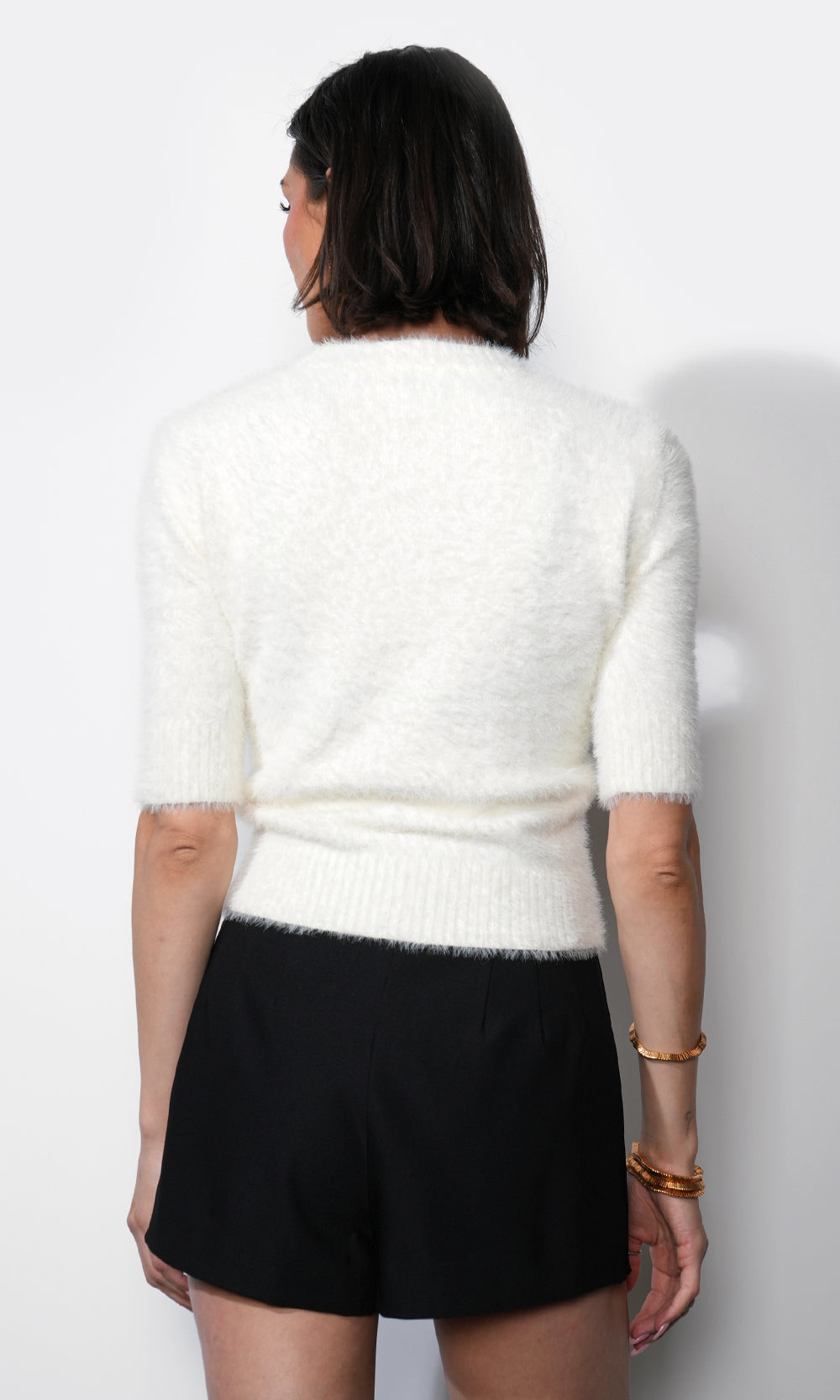 Greylin  "Odette" Fuzzy Elbow Sleeve Knit Top-Ivory