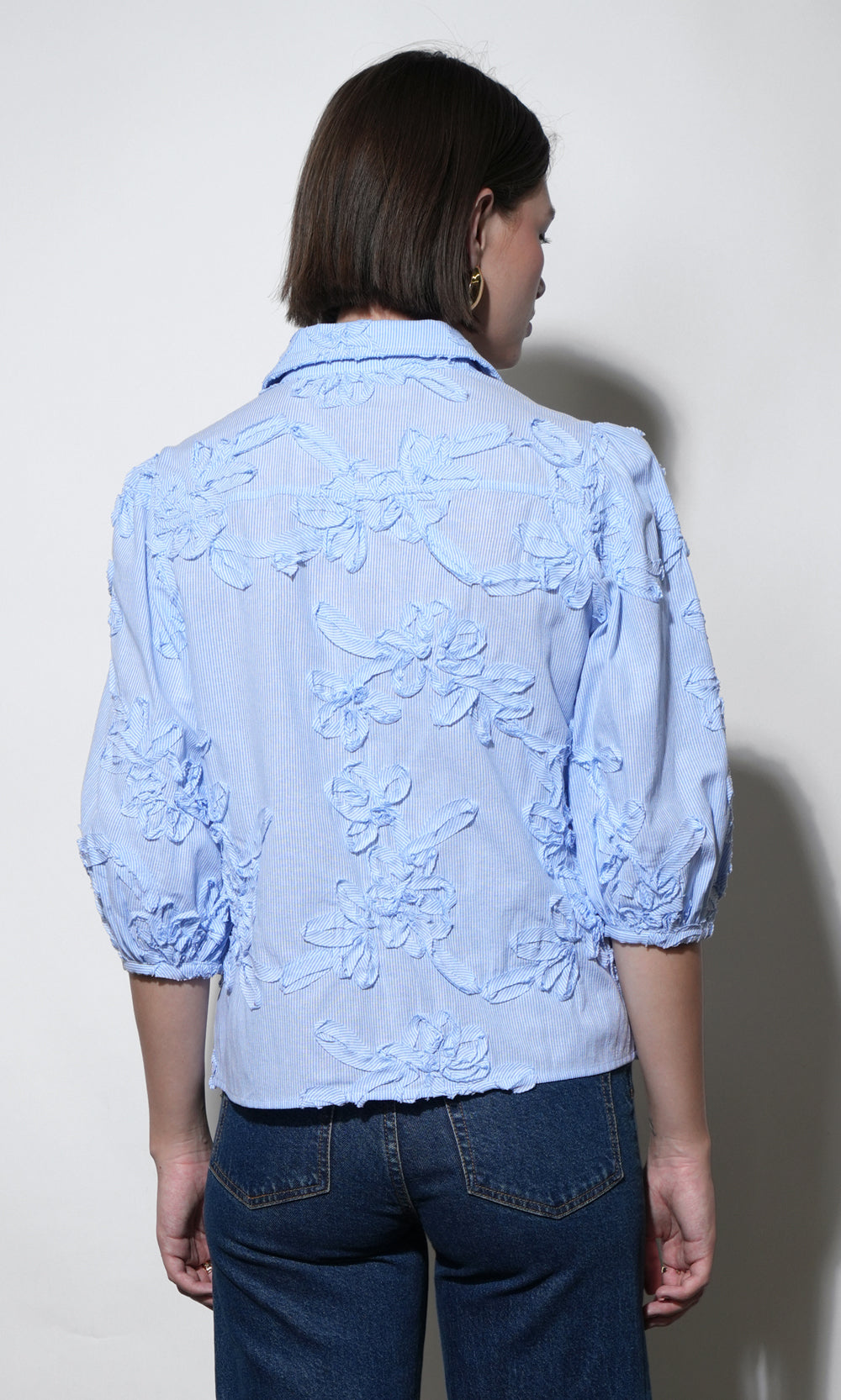 Greylin "Eleanor" Stripe Puff Sleeve Blouse-Light Blue