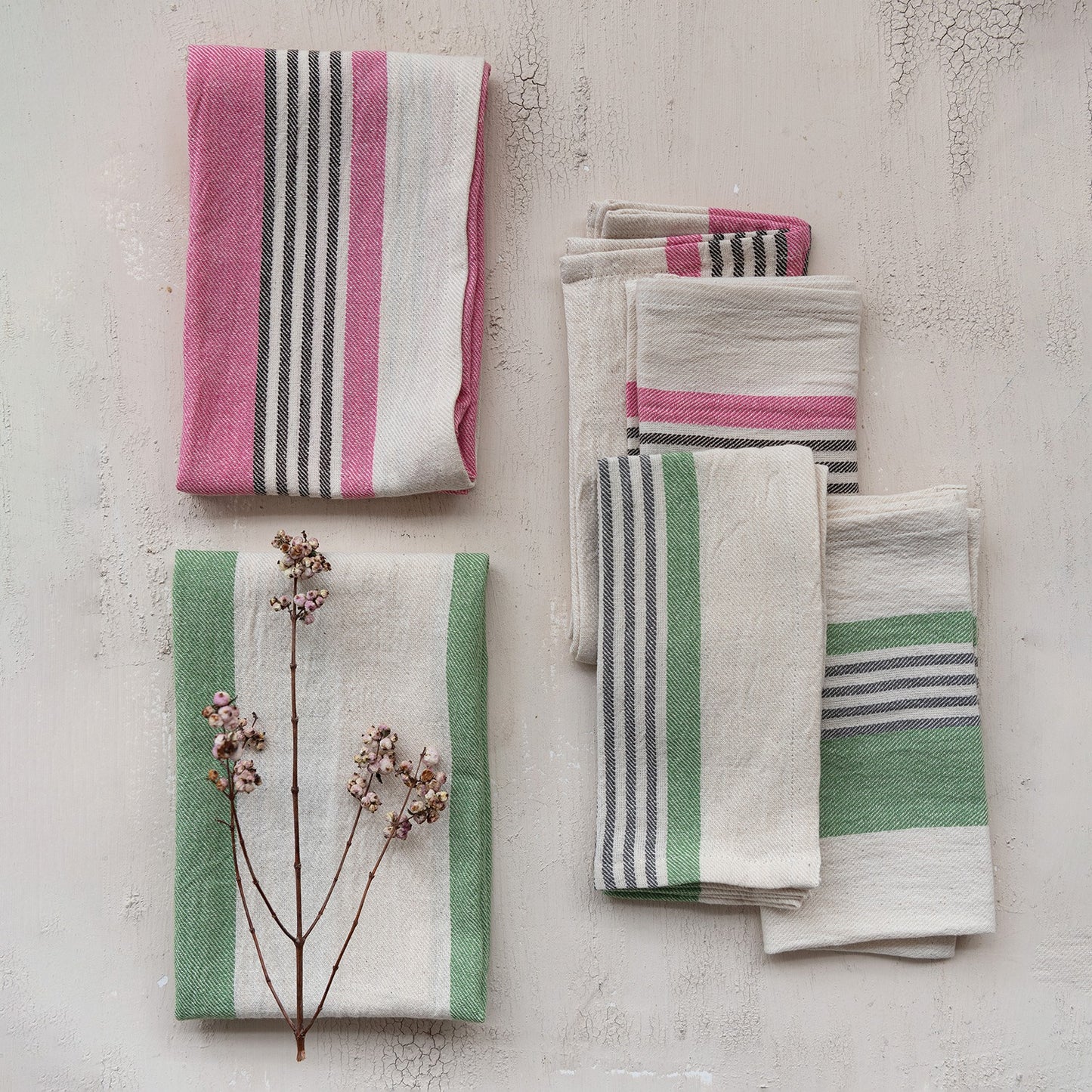 Hazel Mazel Striped Woven Tea Towels (Set of 2)- Pink/Green