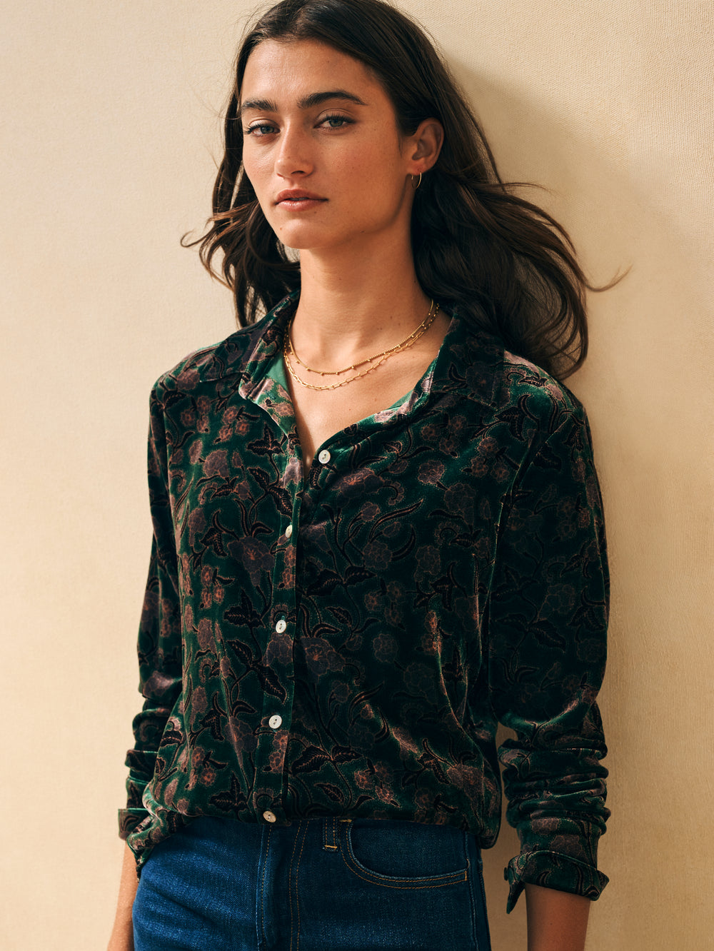 Faherty Stretch Silk Velvet Genevieve Shirt-Pine Blossom