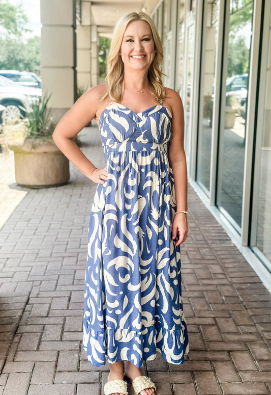 KLd "Martina" Smocked Back Long Dress-Blue