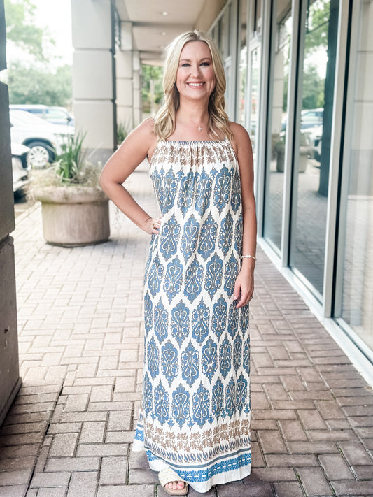 KLd "Silas" Border Print Maxi Dress-Blue/Tan