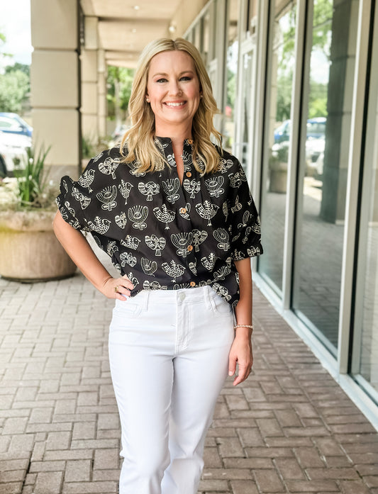 Ivy Jane Block Print Poncho Top - Black