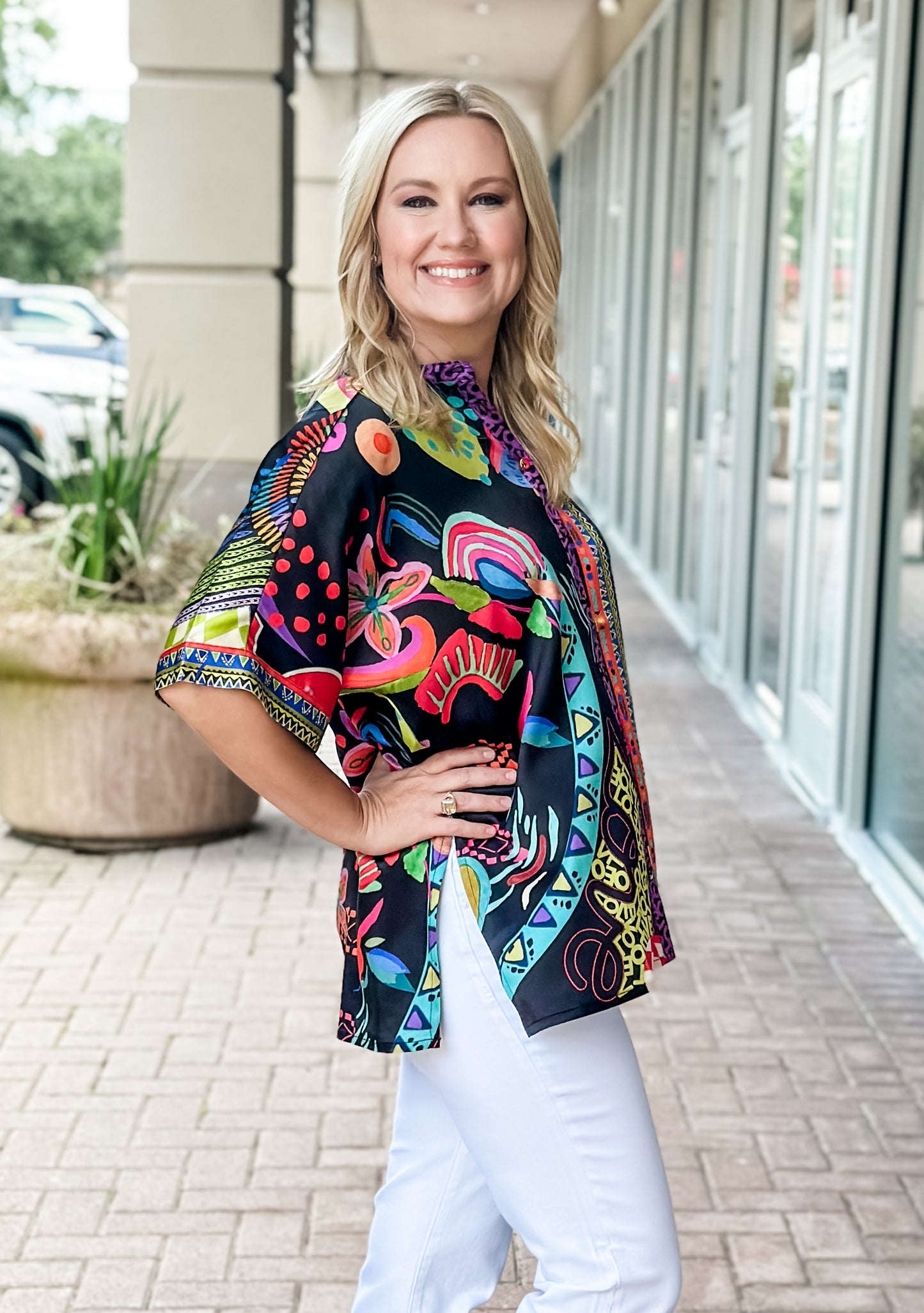 Johnny Was Audrey Short Sleeve Mandarin Collar Blouse-Jenny Black Ground