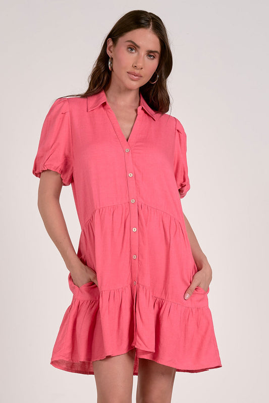 Elan Button Front Shirt Dress-Pink