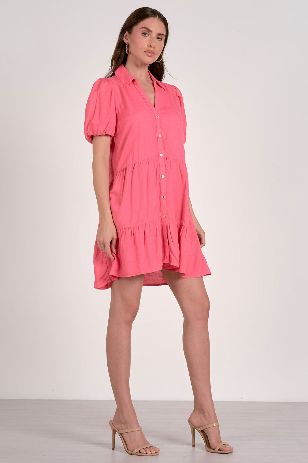 Elan Button Front Shirt Dress-Pink