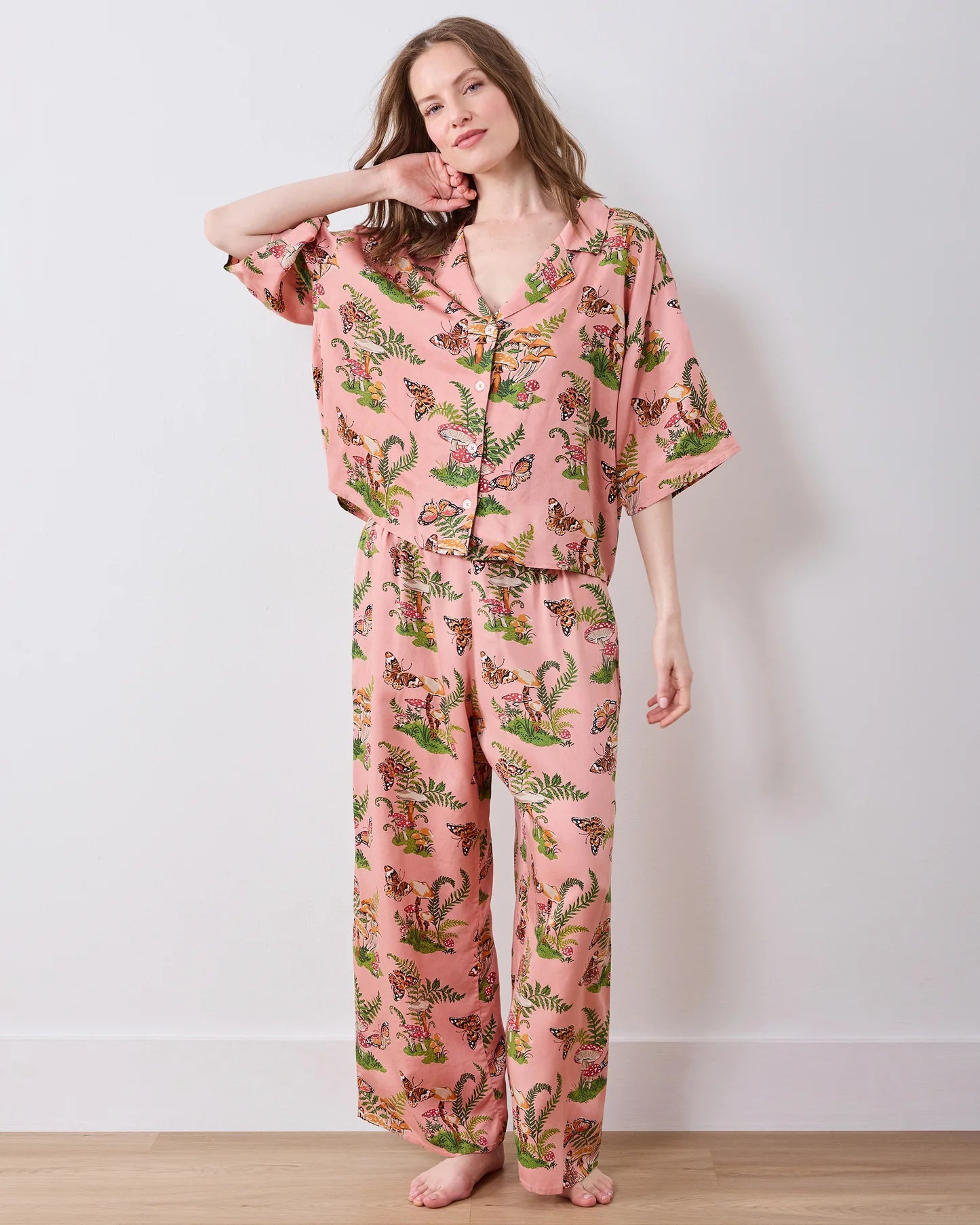 Printfresh Eco Satin Wildest Dreams Short Sleeve Set-Butterfly Forager