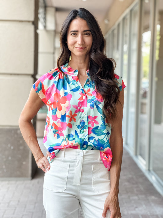 THML Shelly Top- Turquoise Floral