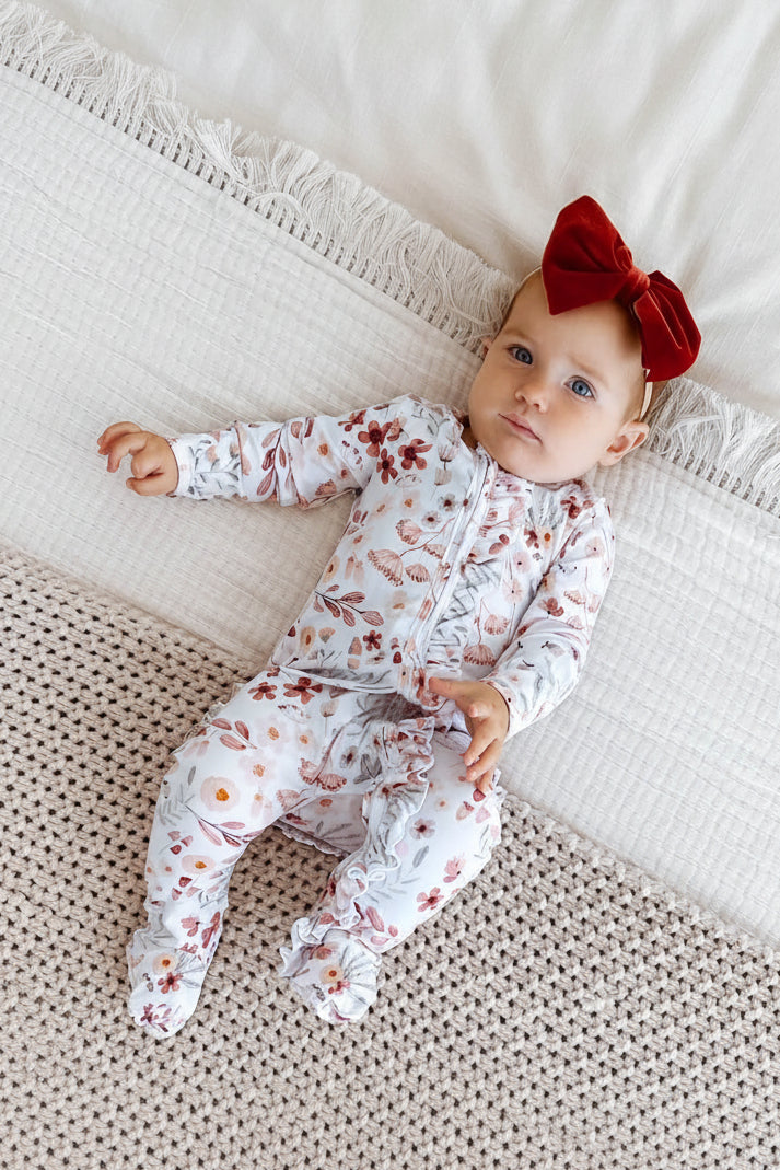 Caden Lane “Wren's Wildflower” Zipper Ruffle Footie