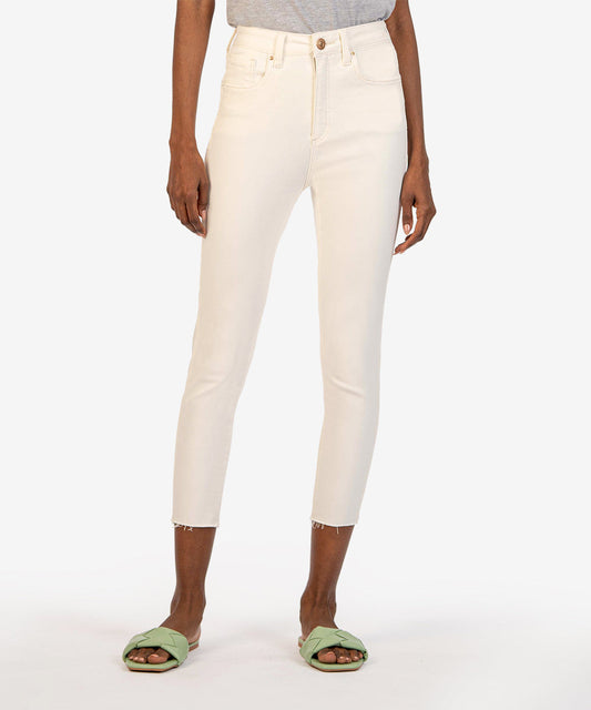 Kut From The Kloth "Connie" Fab Ab Raw Hem High Waist Crop Skinny Jeans-Ecru