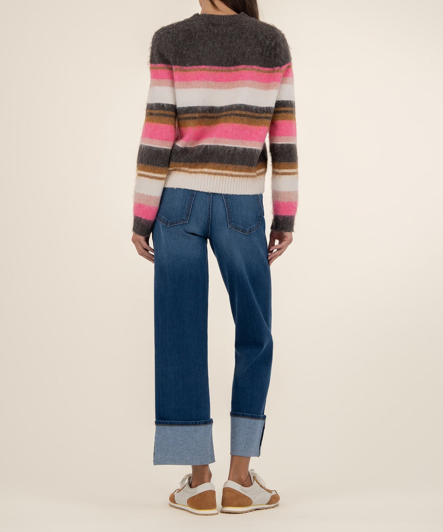 Kut from the Kloth "Elvira" Striped Pulloever Sweater-Brown/Pink