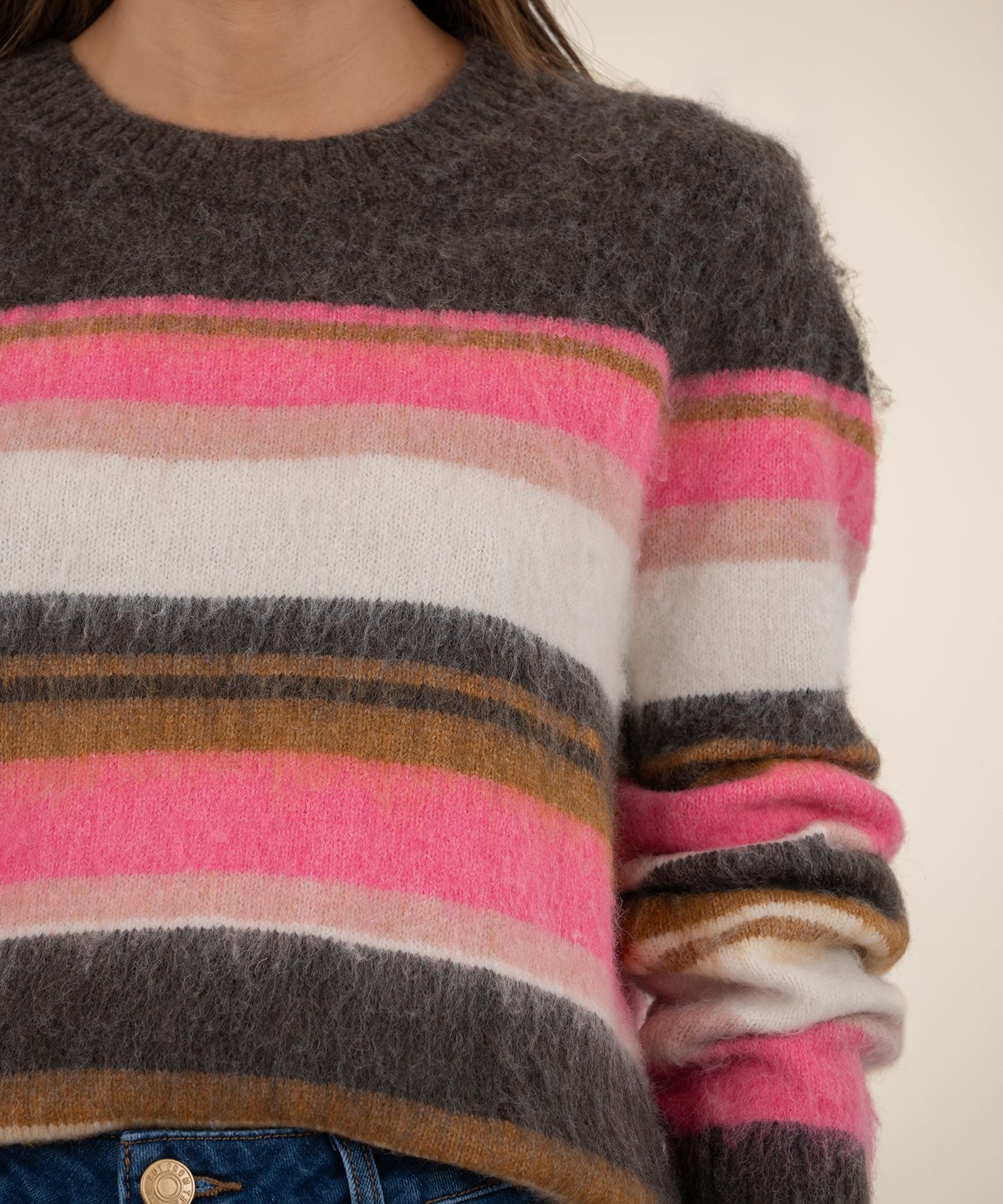 Kut from the Kloth "Elvira" Striped Pulloever Sweater-Brown/Pink