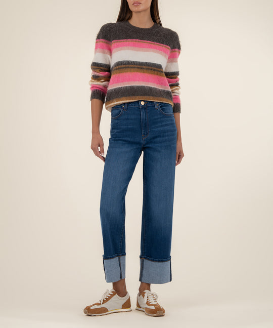 Kut from the Kloth "Elvira" Striped Pulloever Sweater-Brown/Pink