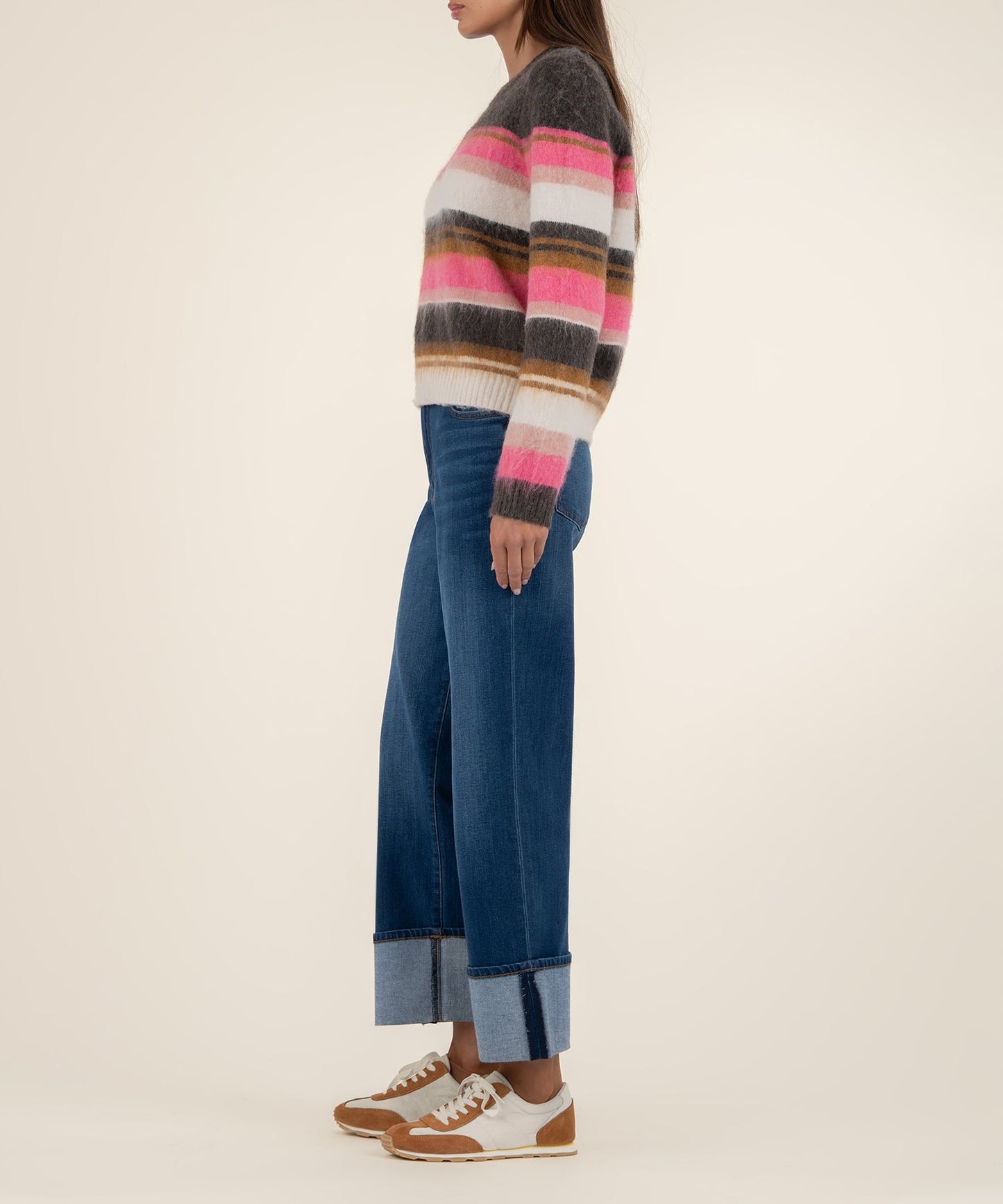 Kut from the Kloth "Elvira" Striped Pulloever Sweater-Brown/Pink