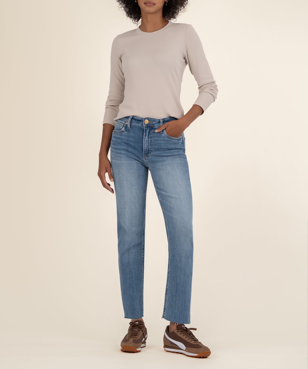 Kut from the Kloth "Noelie" Scoop Neck Long Sleeve Top-Taupe