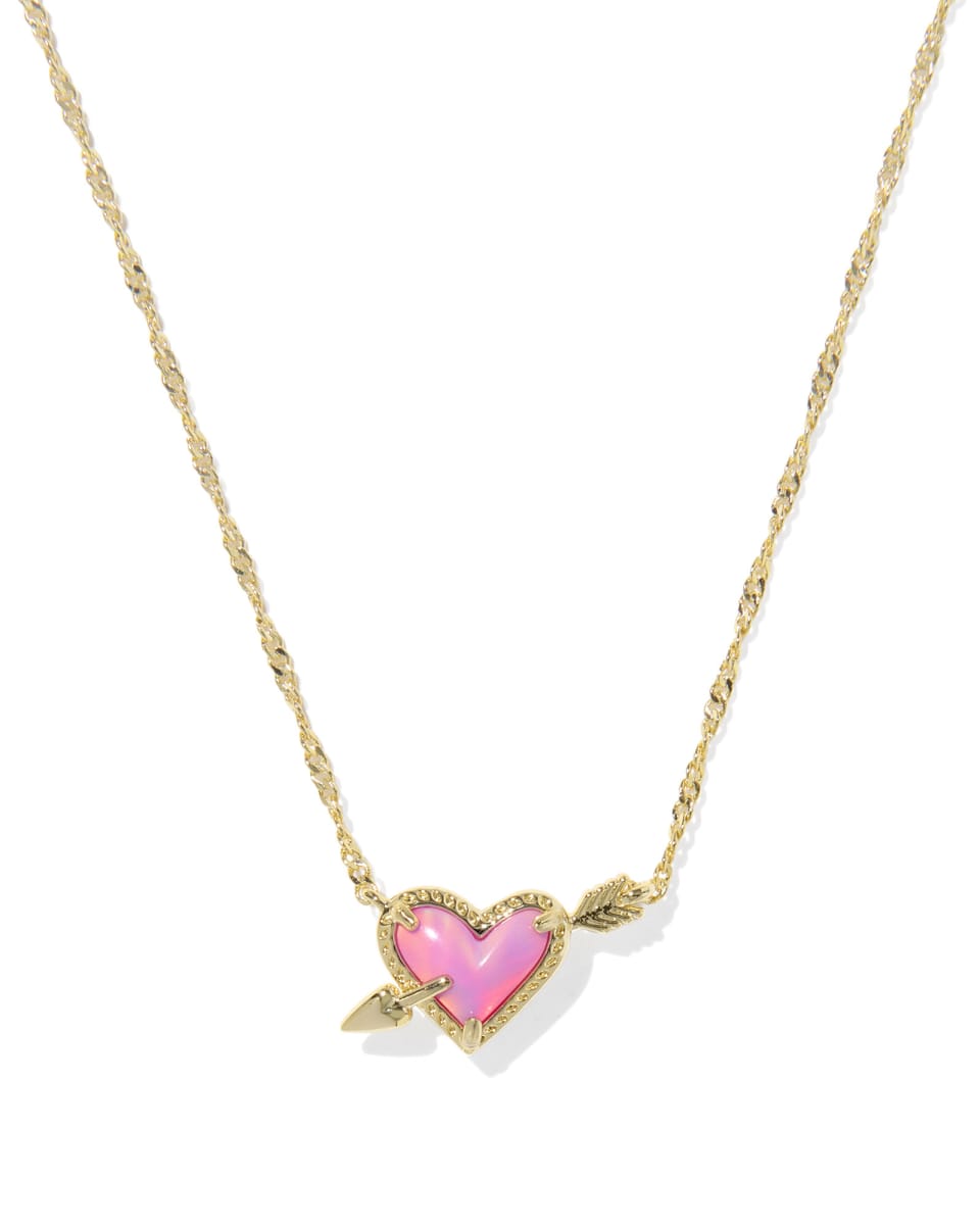 Kendra Scott Ari Heart Arrow Pendant Necklace- Gold Pink Opalescent Resin