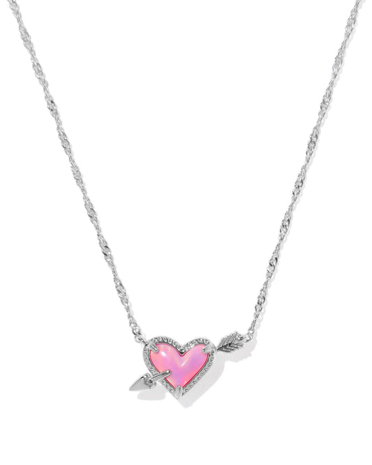 Kendra Scott Ari Heart Arrow Pendant Necklace- Silver Pink Opalescent Resin