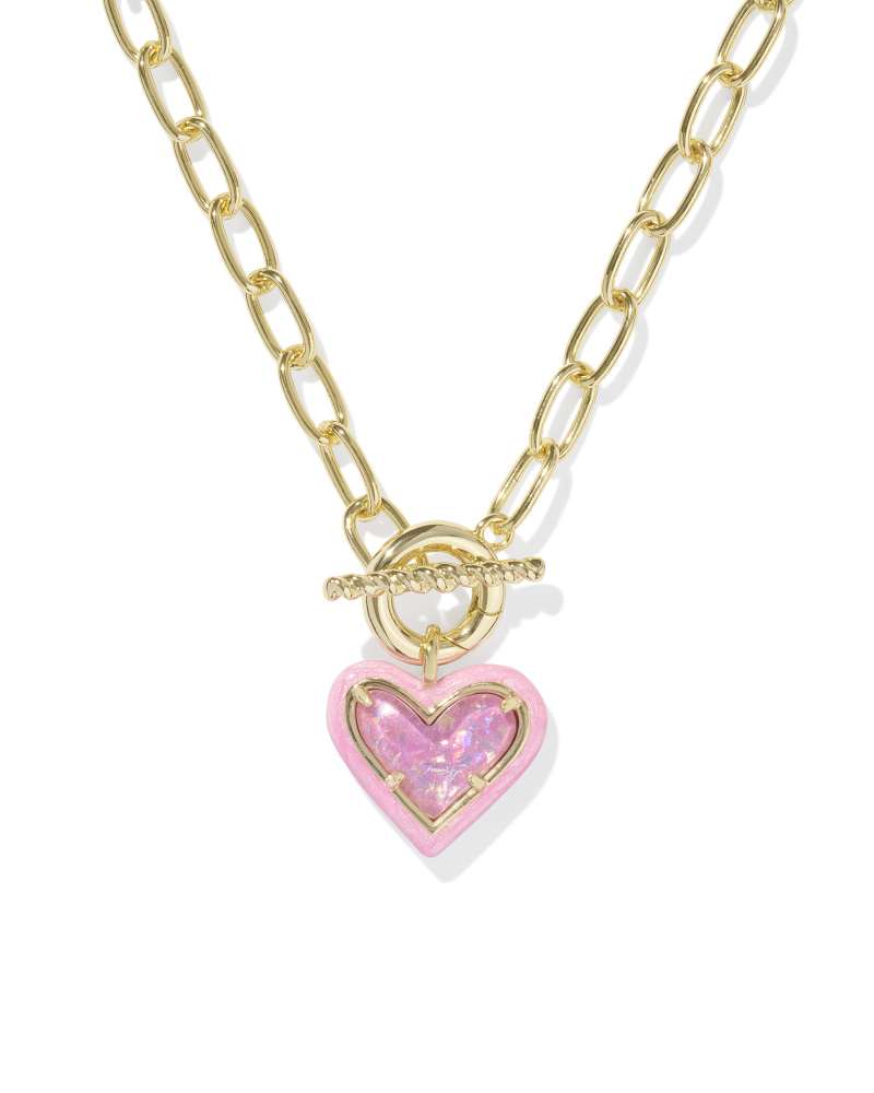 Kendra Scott Ari Heart Enamel Frame Chain Necklace-Gold Pink Iridescent Glitter